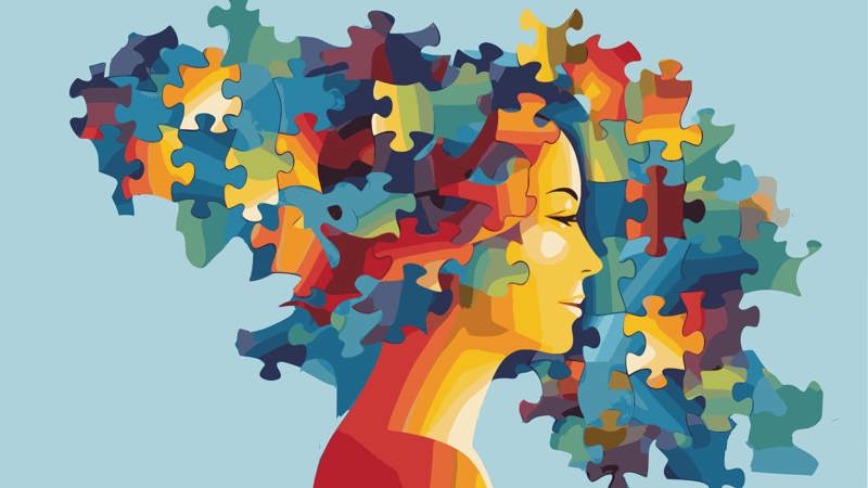 Illustration av en människa i profil och pusselbitar i olika färger