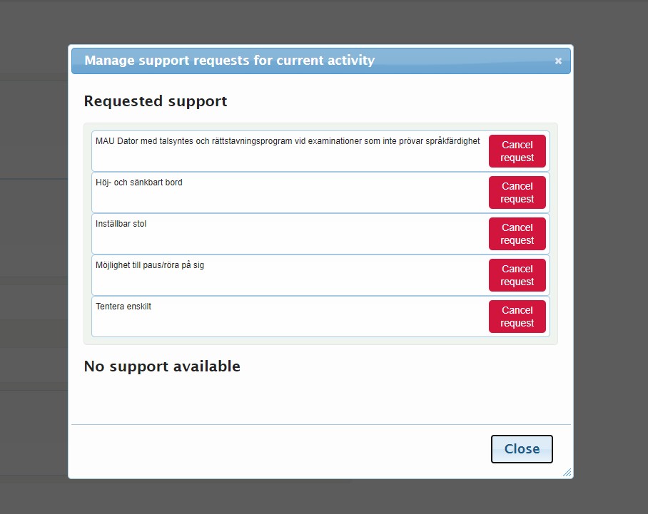 Screenshot of a window with choices of support for those with Nais decision