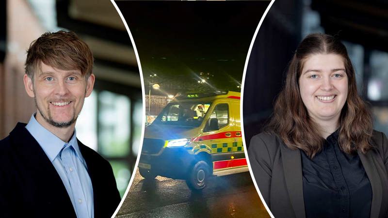 Kollage: Anna Bakidou och Stefan Candefjord med ambulansbild i bakgrunden