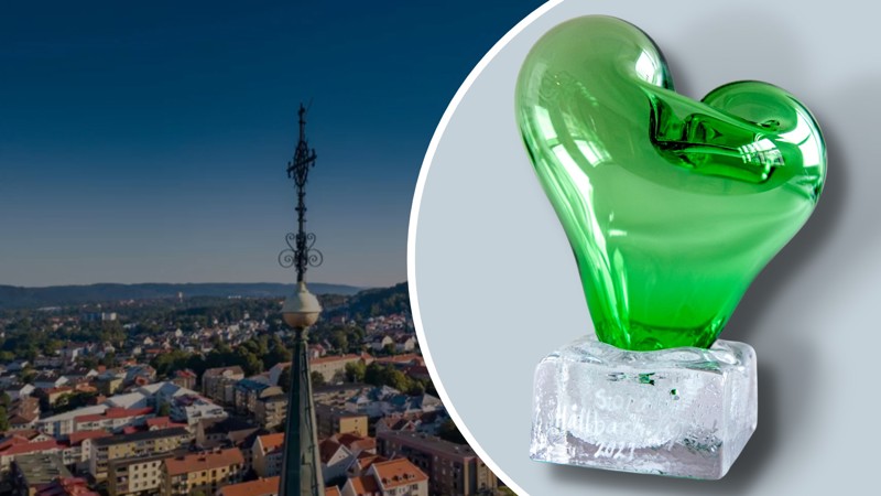 Kollage: bild av Borås skyline, glashjärta som statyett