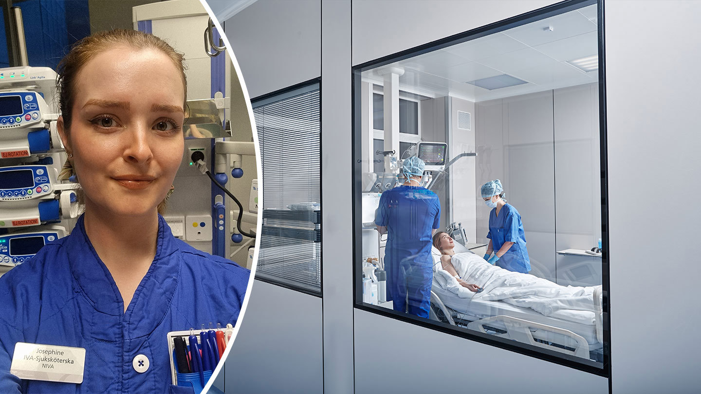 Kollage med bild på Josephine Fyr och bakgrund med intensivvårdsavdelning