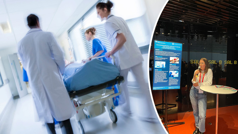 Collage med bild på Elin Örn som presenterar på konferens samt en sjukhuskorridor med sjukvårdspersonal och bår.