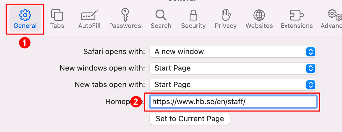 How to make the personal start page your web browser home page in Safari (Mac)