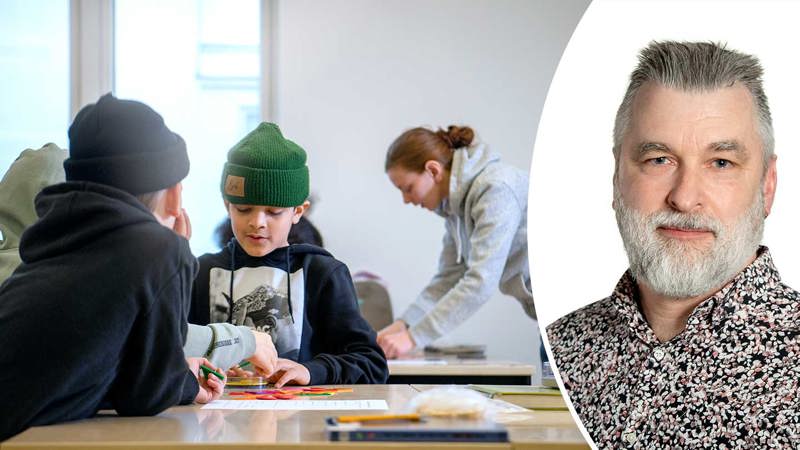 Kollagebild med skolbarn och porträttbild Martin Hugo