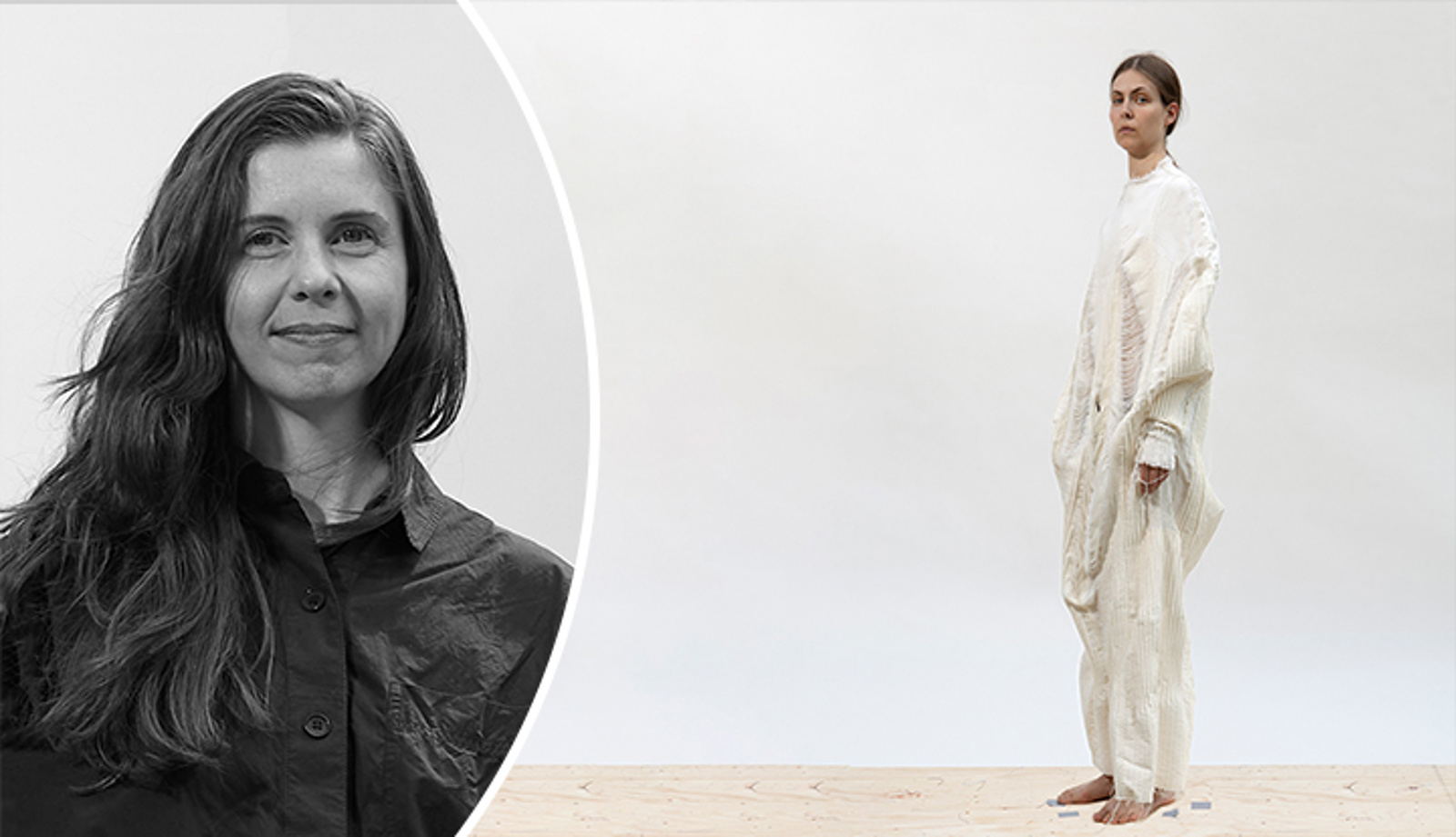 Portättfoto av Holly McQuillan bredvid en modell som bär ett av hennes plagg, en vävd tunika i vitt. 