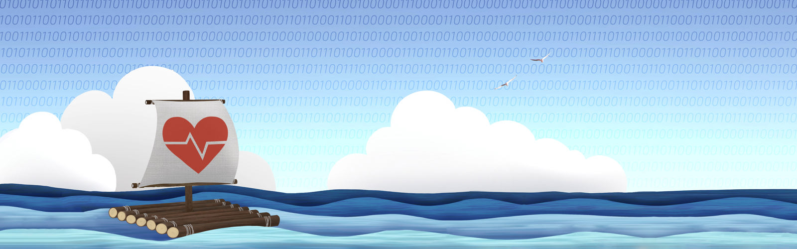 Illustration av en flotte på hav och en himmel  mönstrad med binär kod