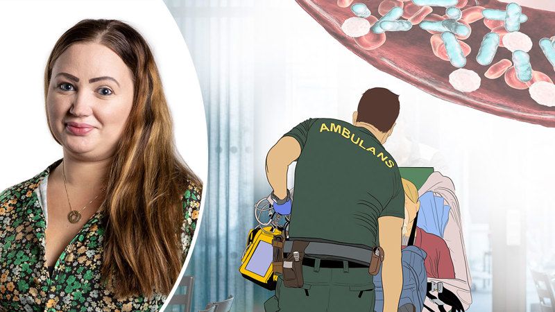 Collage med foto på Agnes Olander och illustration av ambulanspersonal med bår