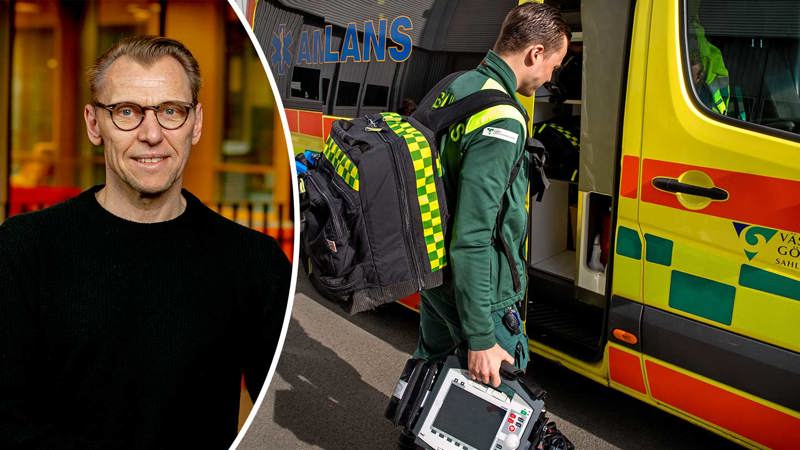 Kollage Glenn Larsson och bild på ambulanspersonal vid ambulans