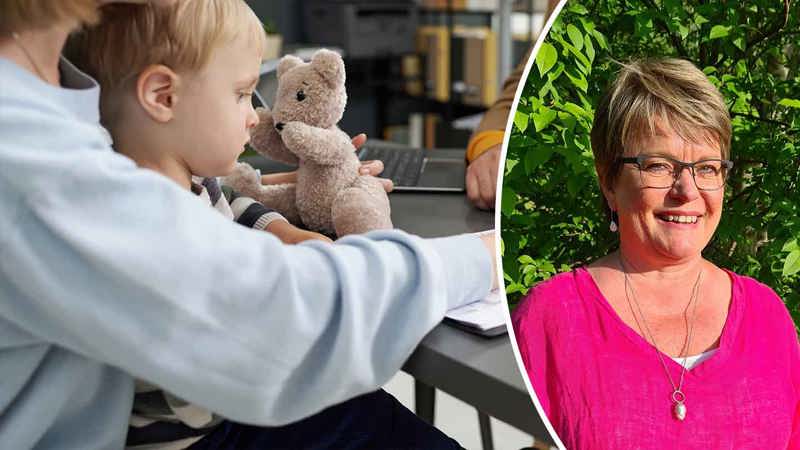 Kollage med barn på socialkontor i bakgrunden och porträttbild Annette Fridström