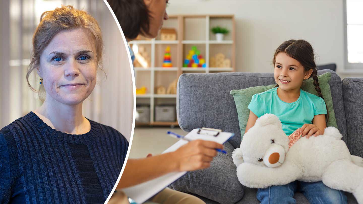 Kollage med porträttbild av teres hjärpe och genrebild som visar ett möte mellan en socialsekreterare och ett barn.