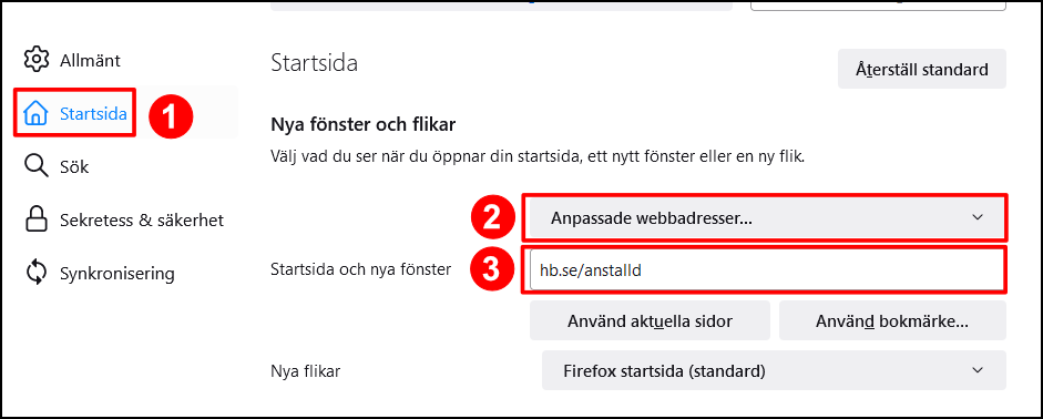 Lägga till Personlig startsida som startsida i webbläsaren - Firefox (Windows)