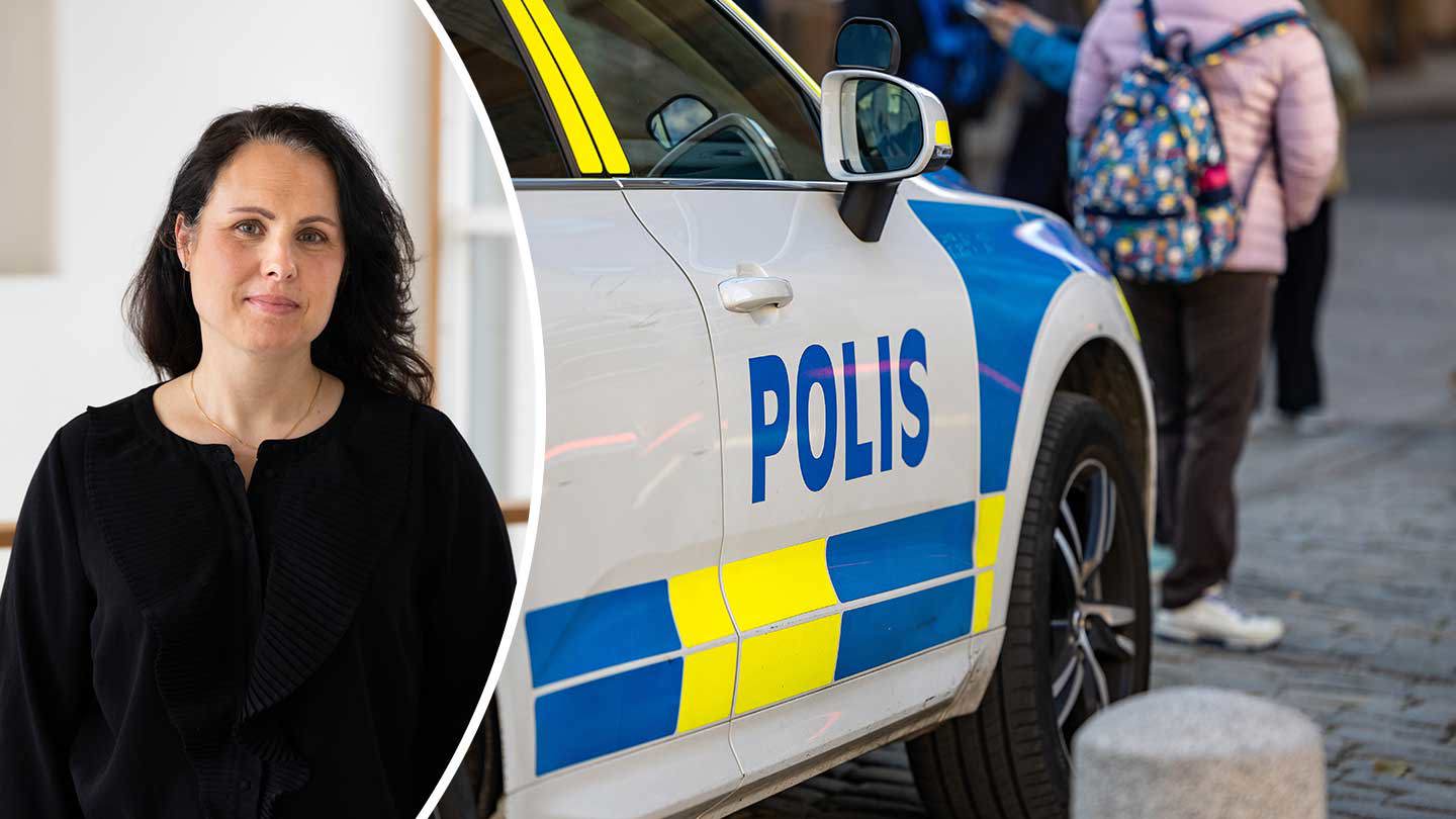 Kollage med bild på Therese Bäckman och bakgrundsbild med en polisbil på gata med människor.
