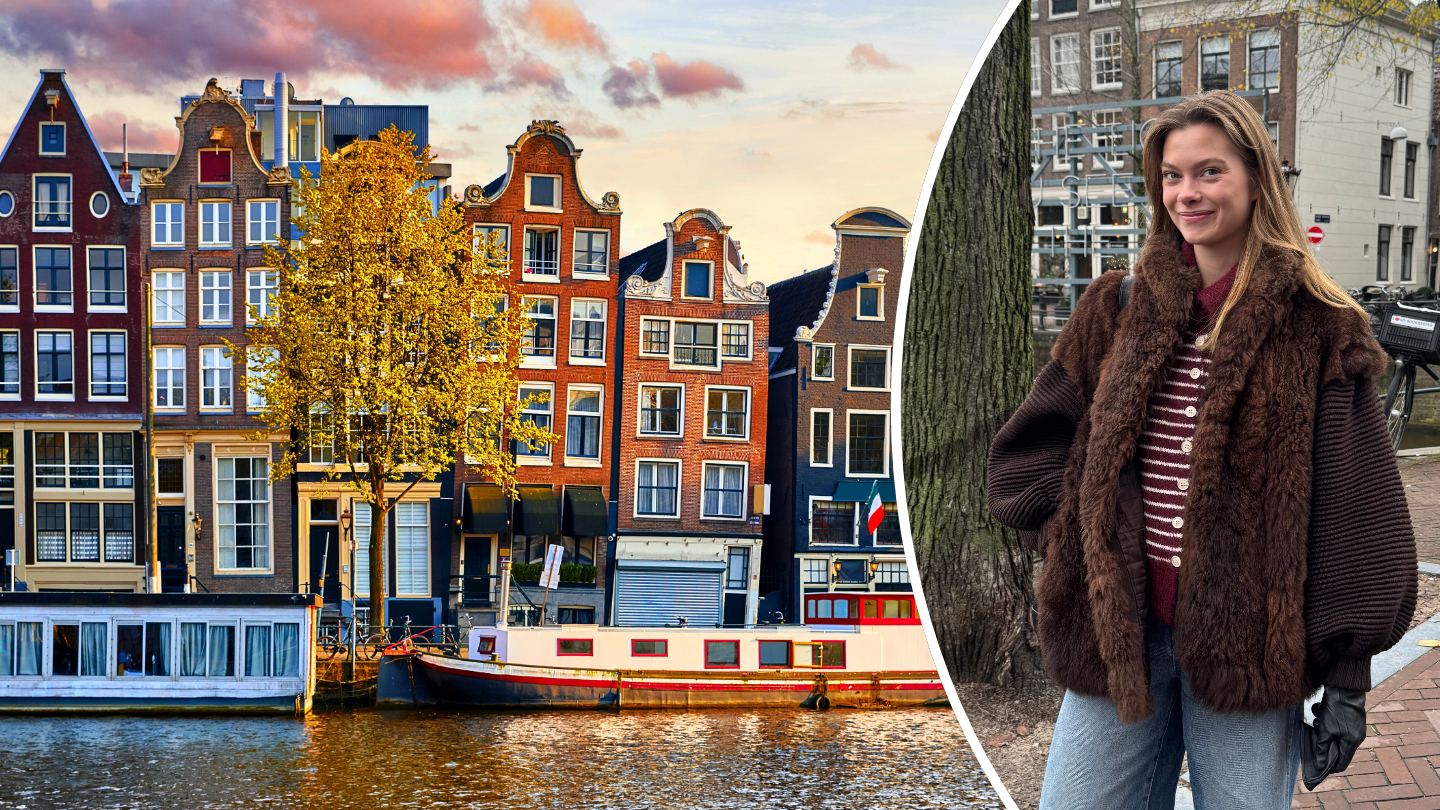 Stadsvy över Amsterdam till vänster, kvinnlig student till höger