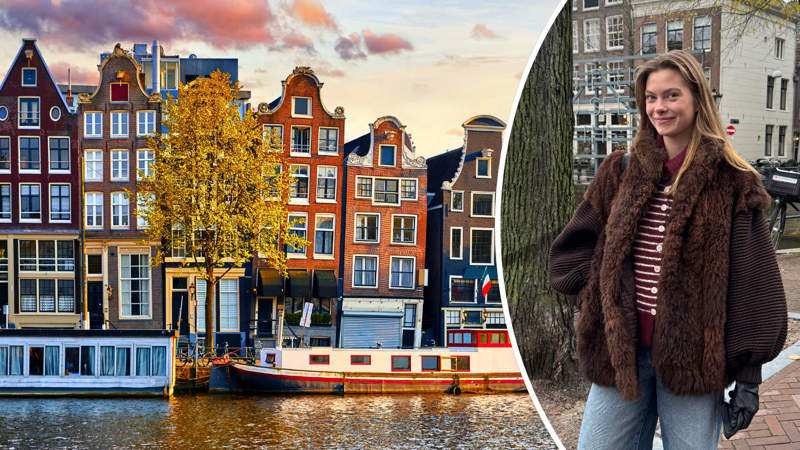 Stadsvy över Amsterdam till vänster, kvinnlig student till höger