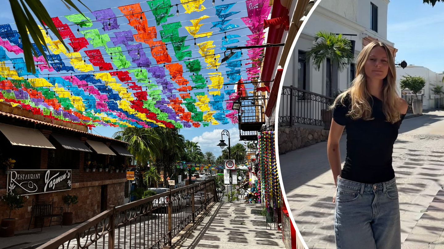 Färgglada flaggor till vänster, kvinnlig student till höger