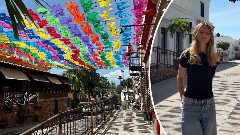 Färgglada flaggor till vänster, kvinnlig student till höger