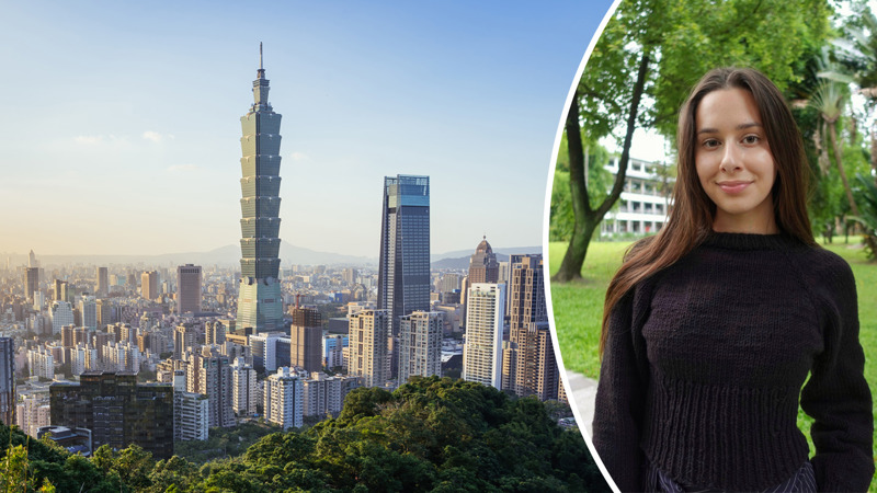 Profilbild på Matilda till höger, skyskrapor i Taipei till vänster