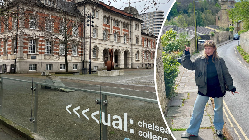 Profilbild Rikke och miljöbild från Chelsea College of Arts i London