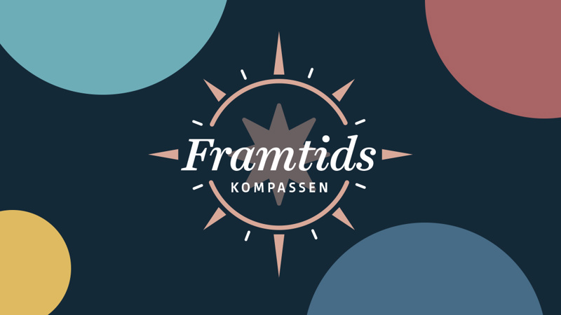 Illustration på en kompass och färgglada prickar runt om.