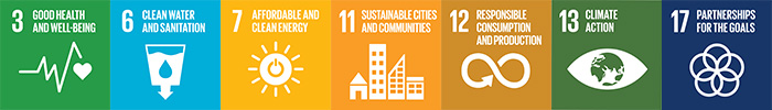 UN Sustainable Development Goals 3) Good Health and Well-Being, 6) Clean Water and Sanitation, 7) Affordable and Clean Energy, 11) Sustainable Cities and Communities, 12) Responsible Consumption and Production, 13) Climate Action, and 17) Partnerships for the Goals. 