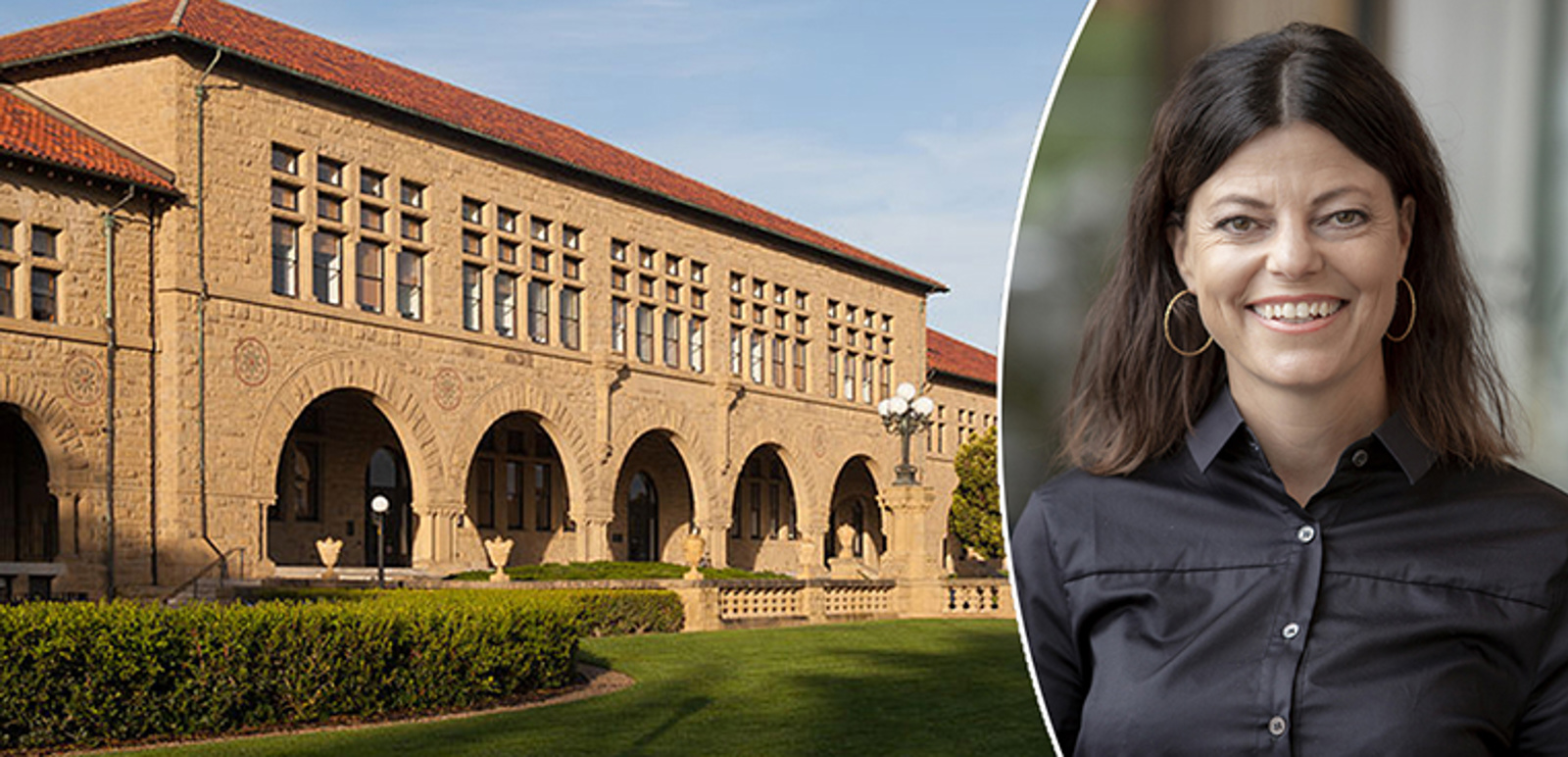 Montage Susanne Nejderås och bygganden Wallenberg Hall på Stanford University