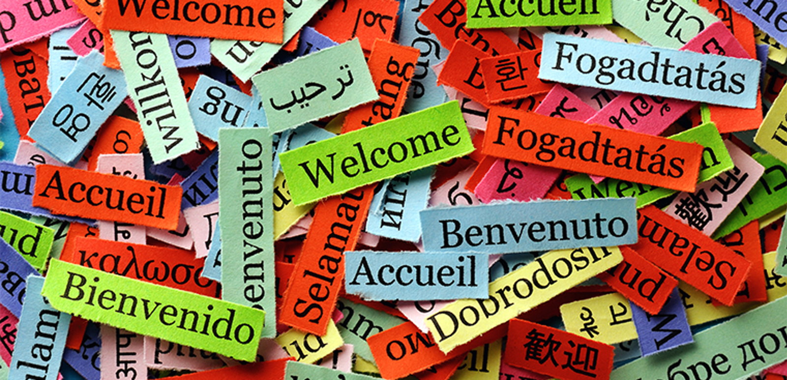 Bild på lappar med ordet välkommen på olika språk
